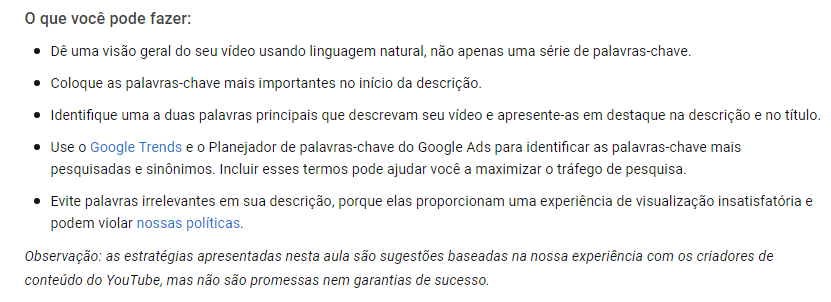 Descrição no Youtube - Regras Criação