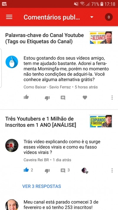 Engajamento - Comentários Youtube Studio App