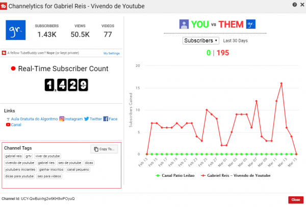Palavra-chave do Canal de Youtube - Exemplo Gabriel Reis